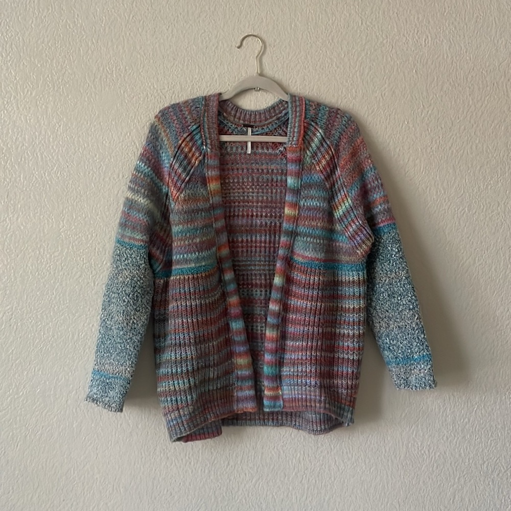 Free People Sedona Cardi Blue Rainbow Combo Open Cardigan Sweater